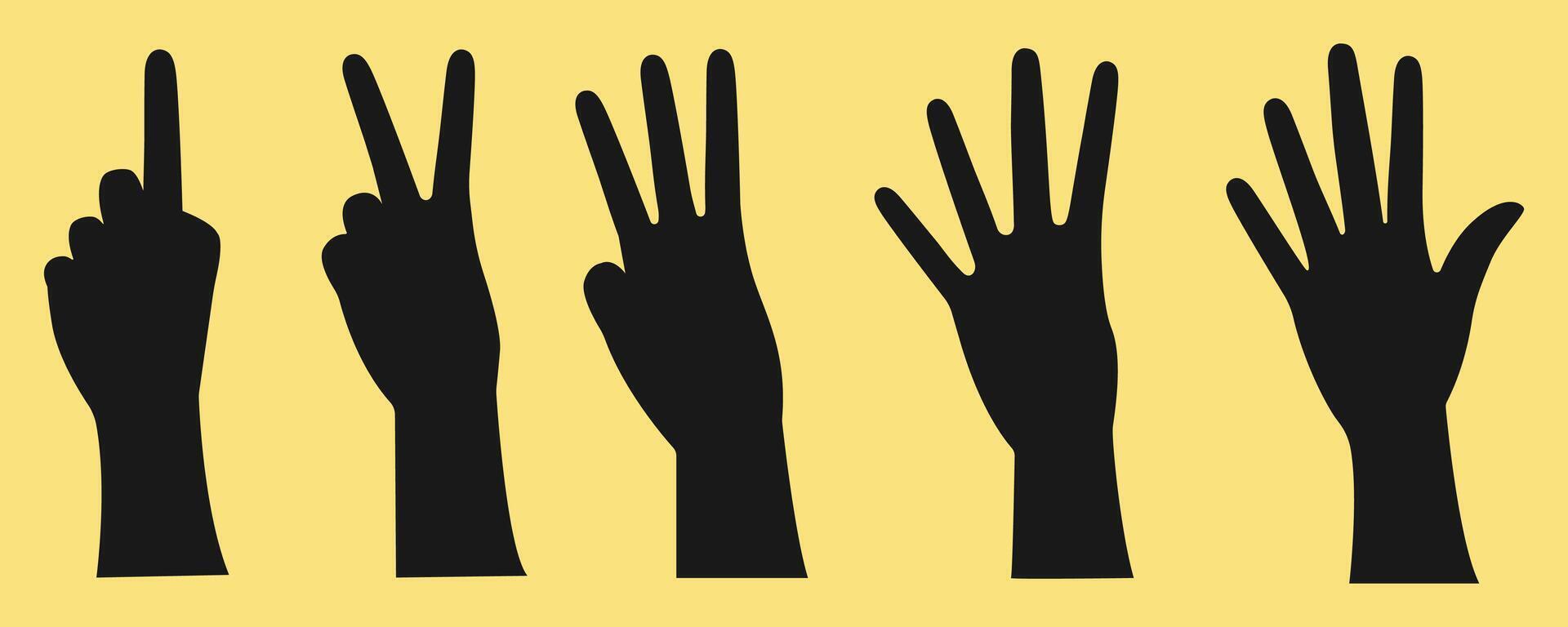 A collection of black silhouettes of hands. Hands counting from one to five. illustration vector