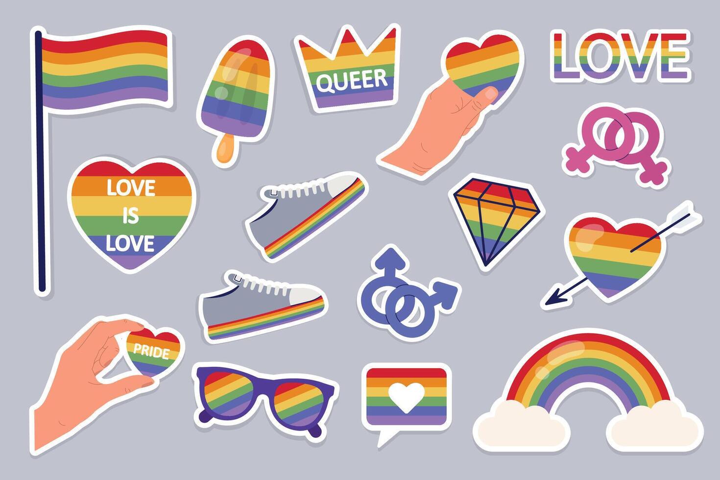 LGBTQ sticker set. LGBT pride symbol. Rainbow elements on gray background. clipart vector