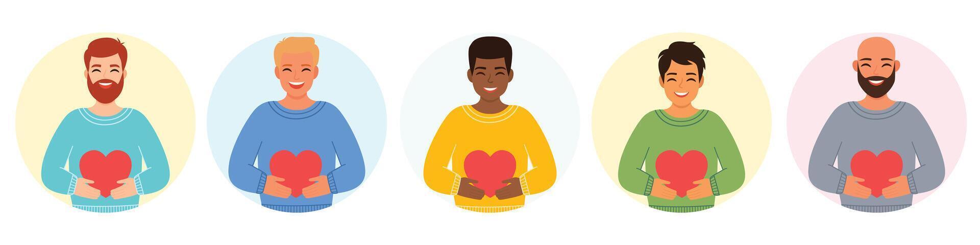 A set of stickers of smiling men in love of different races. Collection of avatars. clipart vector