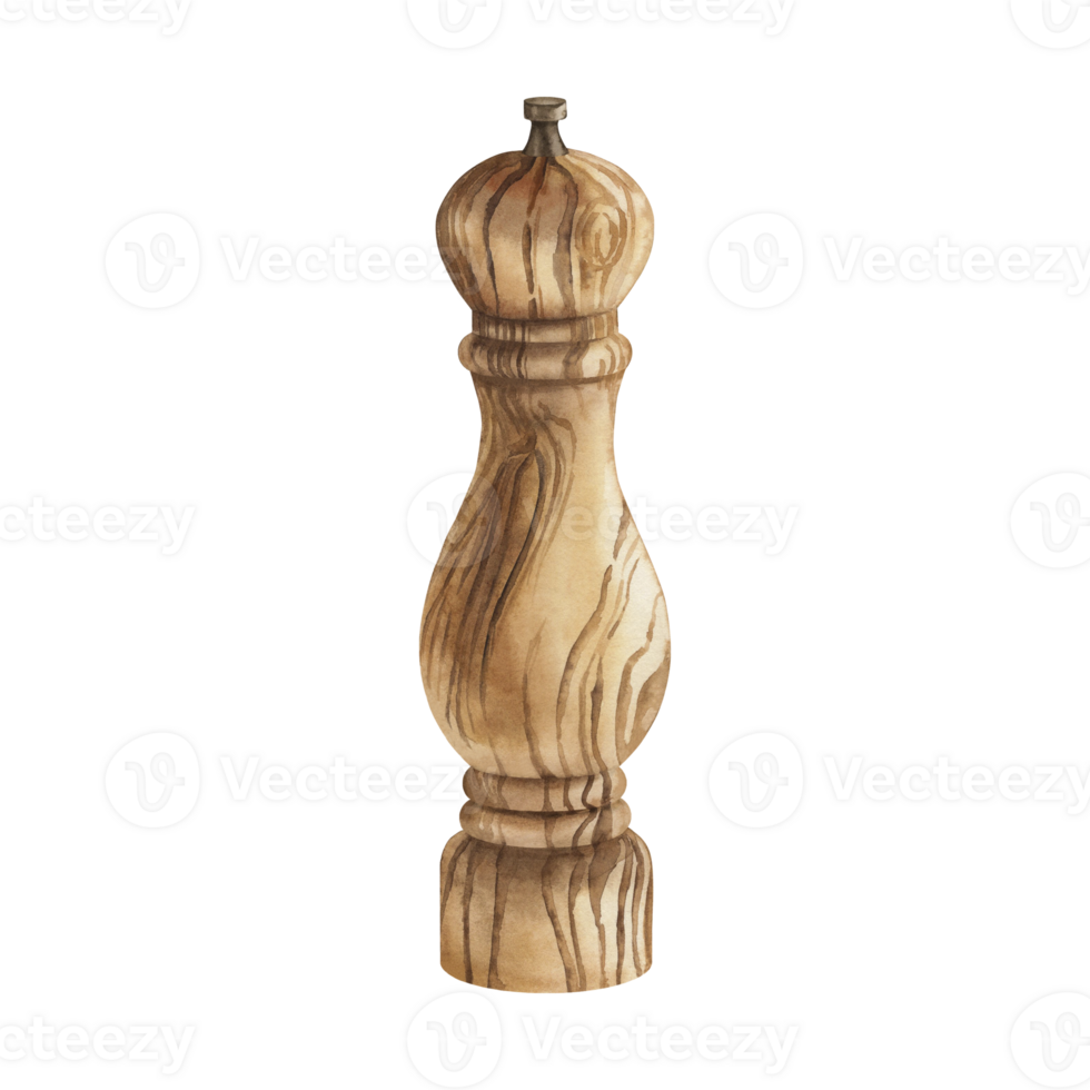 Wooden pepper mill. Watercolor illustration with a spice mill, hand drawn isolated on a white background in a botanical style with wood texture. For packaging design, culinary blogs, printing, textile png