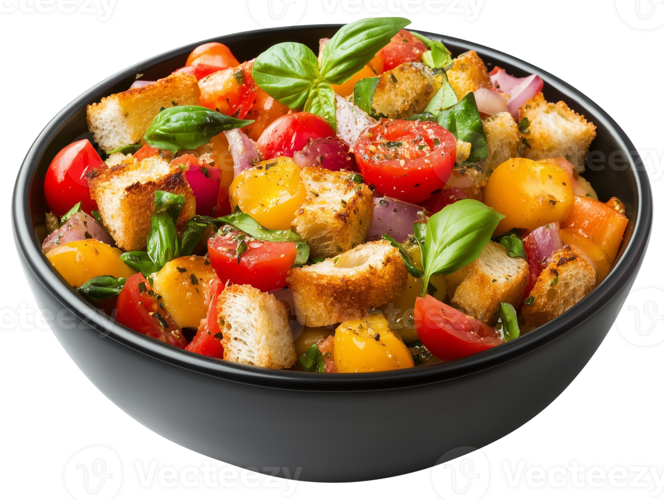 Close-up shot of a delicious Panzanella salad in a black bowl png
