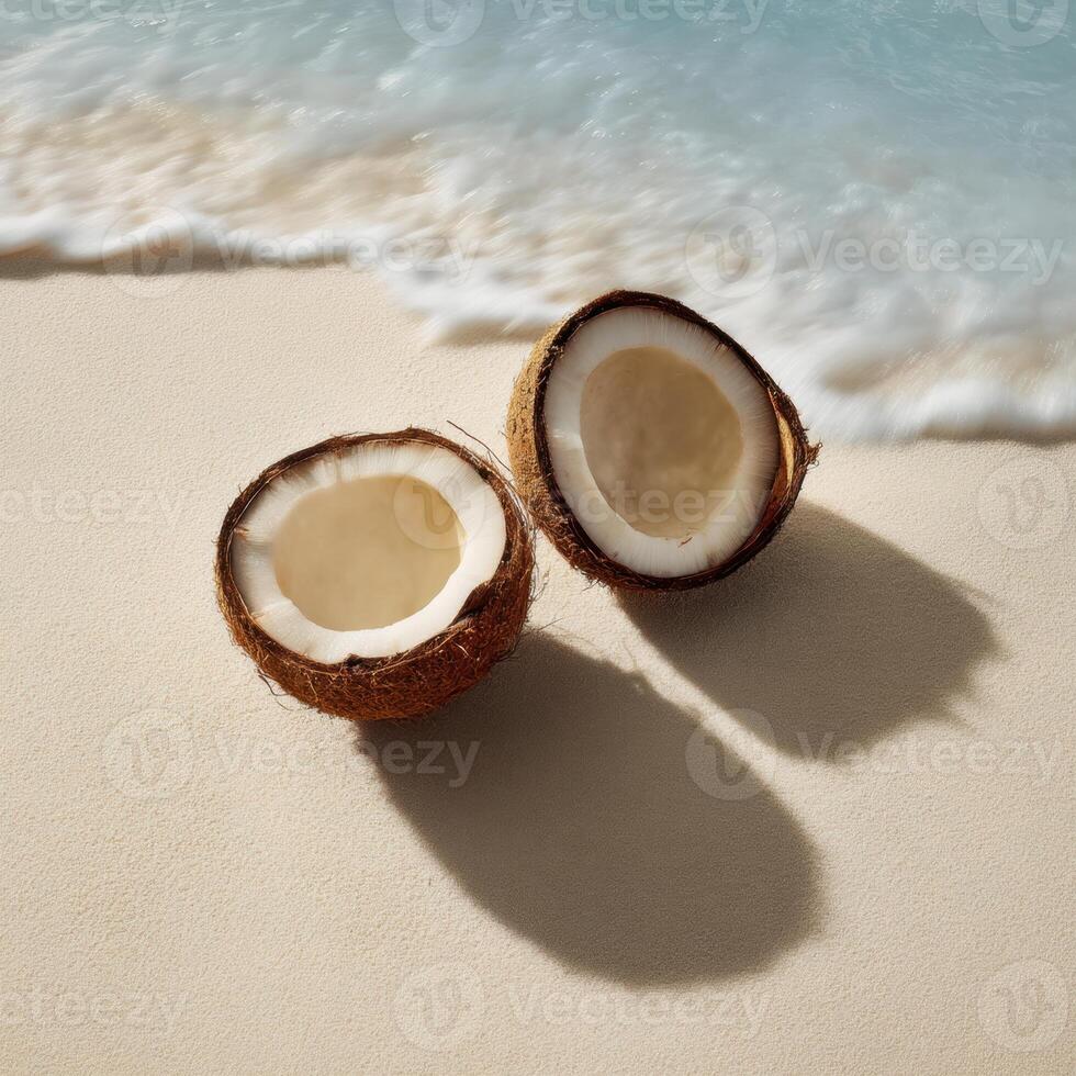 Two coconuts on the beach with the ocean in the background photo