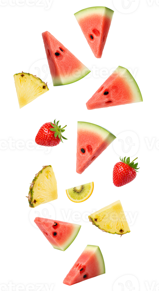 Mixed summer fruits flying through air with transparent background including vibrant slices of orange mango cantaloupe and whole blueberries for food visuals png