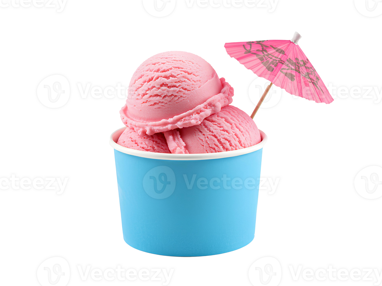 ice cream cup with strawberry gelato scoop . strawberry ice cream in a colorful cup with small umbrella inside isolated. Refreshing ice cream cup with tiny umbrella and creamy scoop isolated png