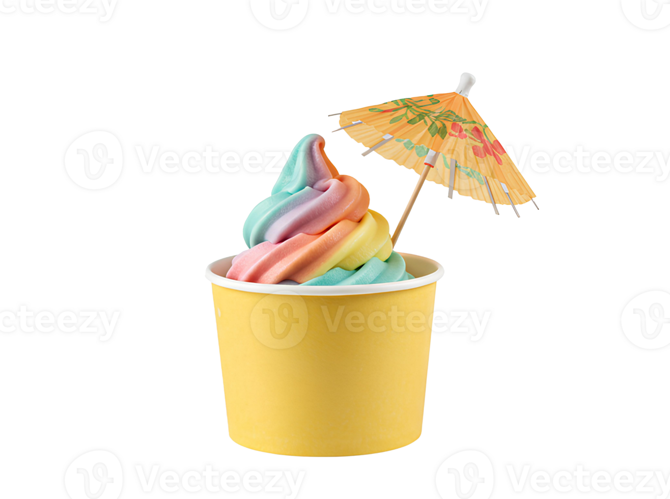 Ice cream cup with colorful scoops and a small cocktail umbrella isolated on transparent background perfect for summer dessert visuals and tropical treats png