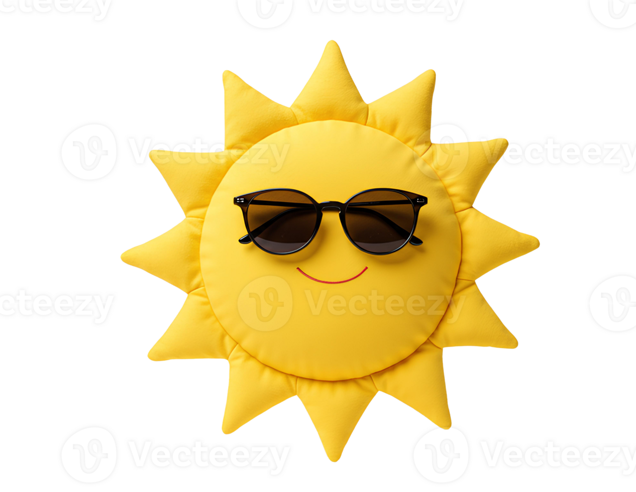 sun with sunglasses pillow. bright yellow sun pillow wearing sunglasses to signify the coming of summer isolated. sun cushion with glasses top view flat lay png