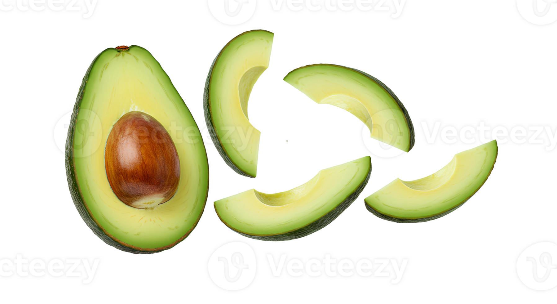 Fresh avocado fruit sliced in half with seed and green flesh isolated on transparent background perfect for healthy food visuals and organic product branding. Flying avocado slices in motion isolated png