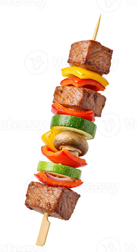 Grilled BBQ meat skewer with vegetables on transparent background perfect for summer food designs restaurant menus and barbecue promotions png