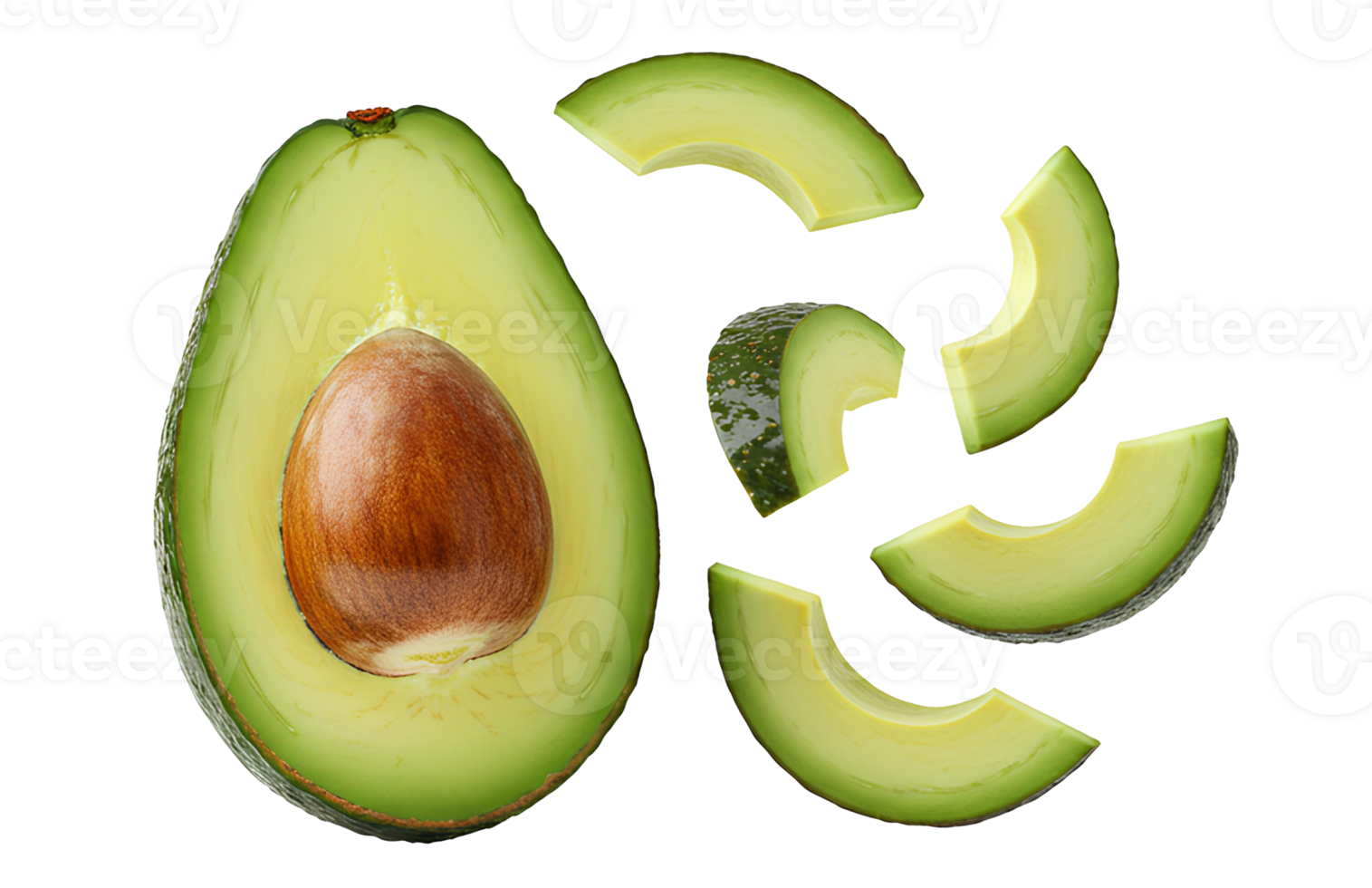 Top view of avocado halves and slices flying apart isolated perfect for nutrition campaigns vegan recipes and healthy fat marketing png
