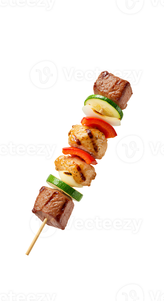 BBQ skewer loaded with marinated meat and vegetables on transparent background ideal for picnic themes grilled food marketing and summer meals png