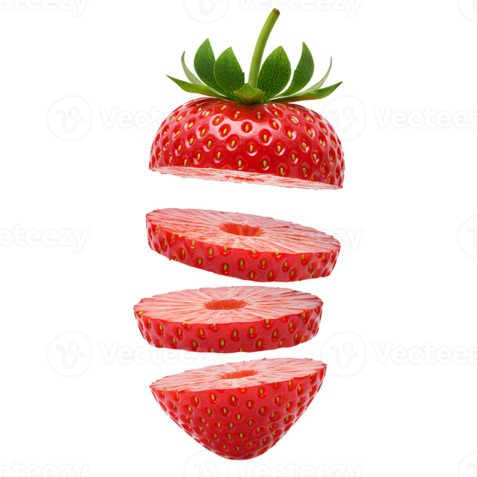 Juicy sliced strawberries flying and scattered isolated on transparent background perfect for fresh fruit visuals summer snack designs and health food ads png