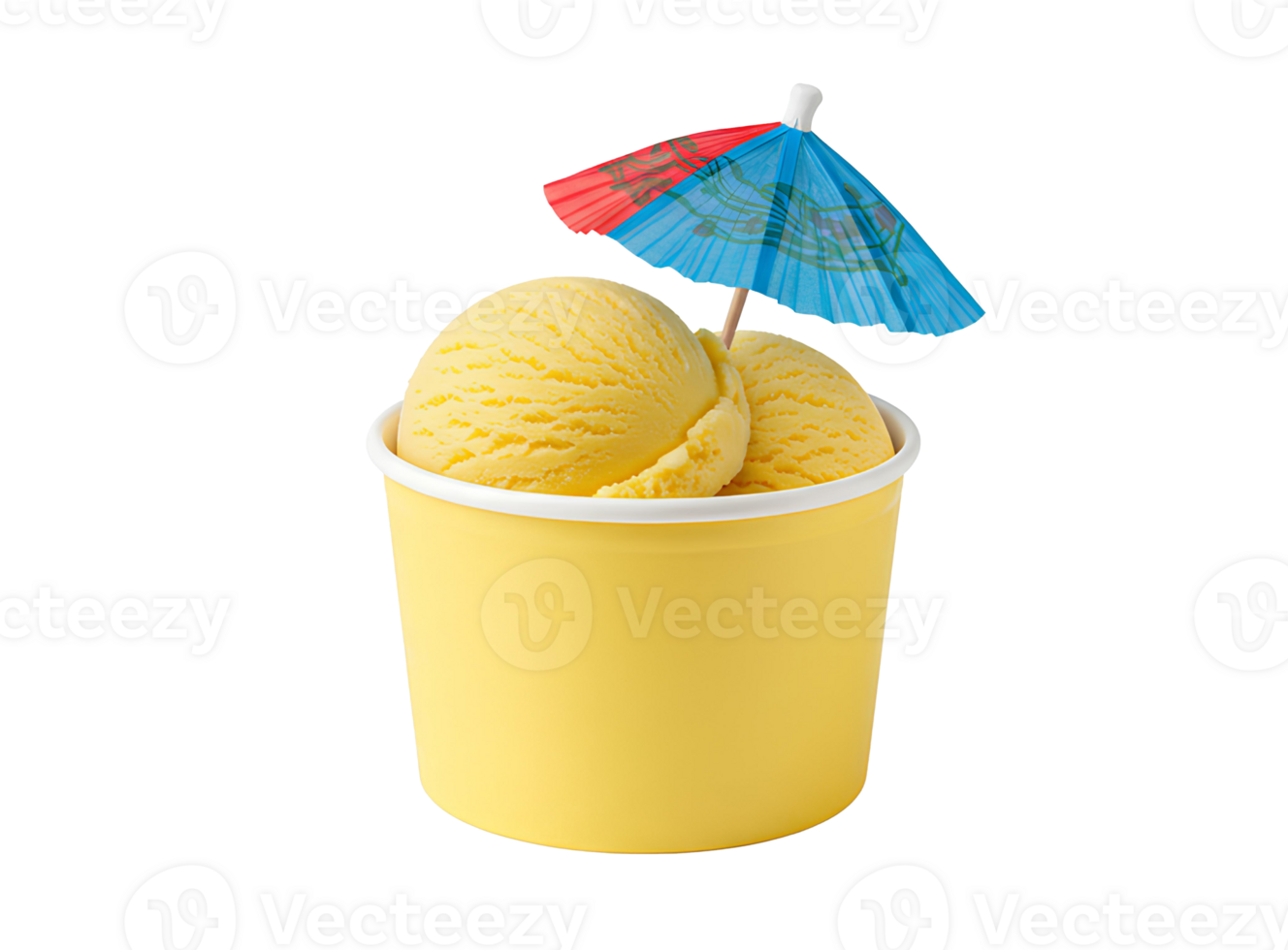 Refreshing banana ice cream cup with tiny umbrella and creamy scoops isolated on transparent background for vacation menus tropical ads and summer food scenes png