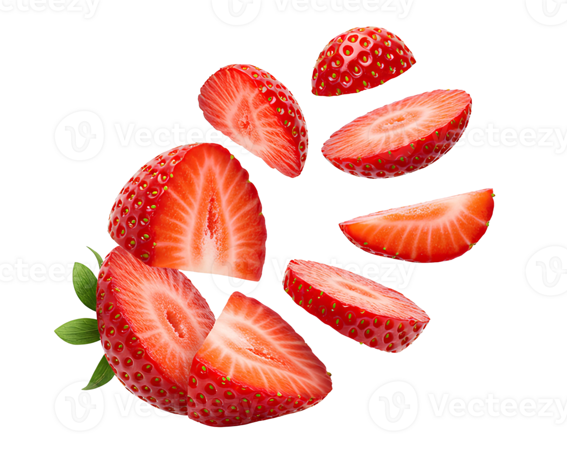 Fresh strawberry fruit sliced and scattered isolated great for summer drink ads healthy lifestyle promnd juicy fruit packagingotions a png