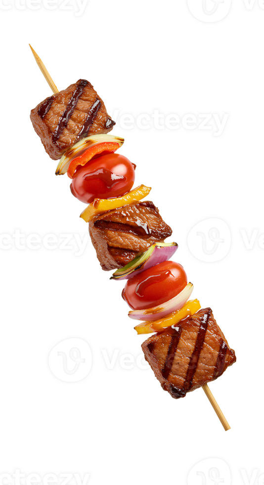 Grilled BBQ meat skewer with vegetables isolated perfect for summer food designs restaurant menus and barbecue promotions. Juicy meat and veggie kebab on stick isolated png