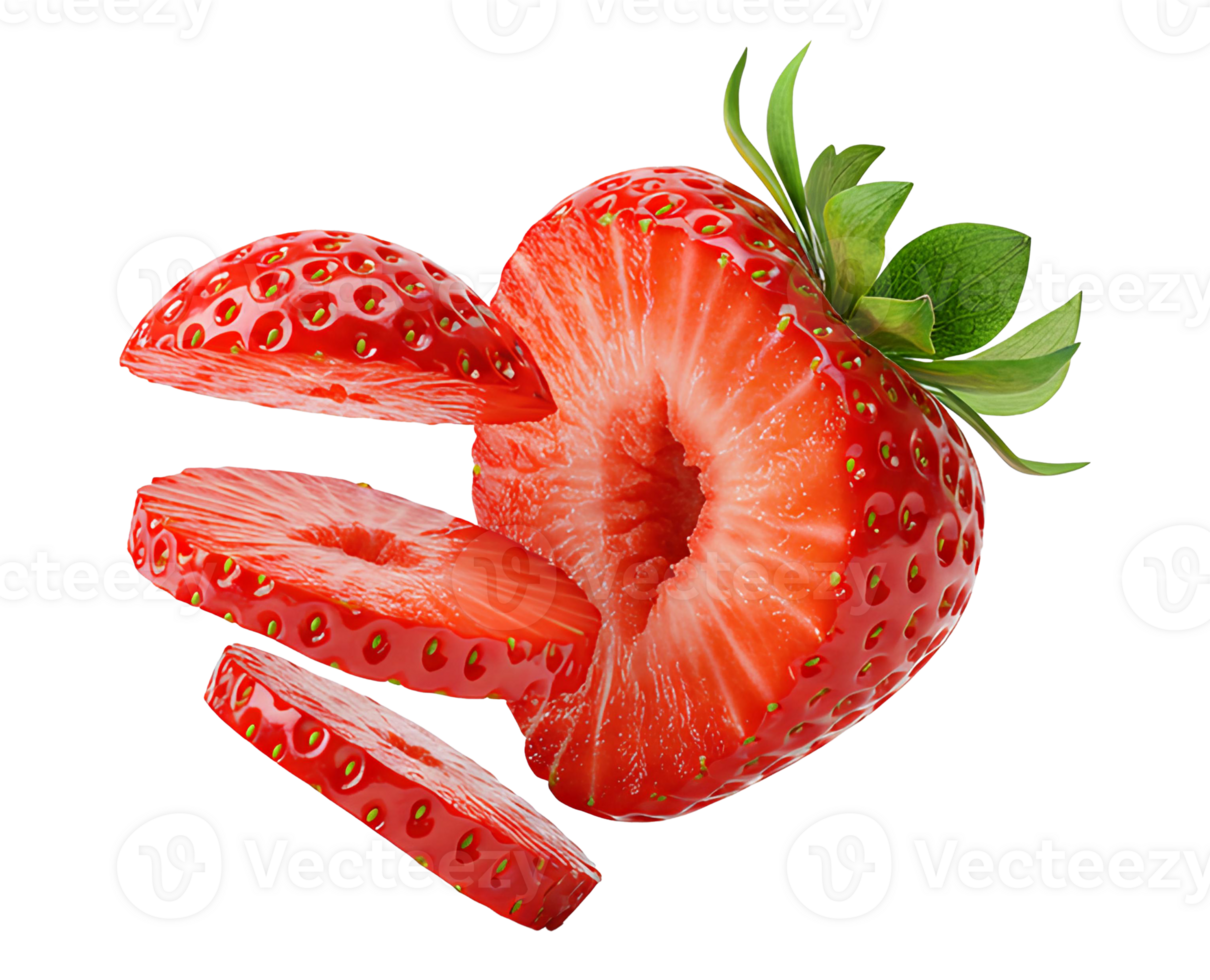 Abstract composition of strawberry slices flying apart isolated on transparent background for use in modern food styling creative menus and wellness visuals png