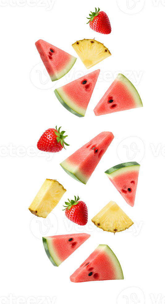 Fresh fruit explosion on transparent background including juicy watermelon mango orange cantaloupe and blueberries ideal for health ads and smoothie branding png