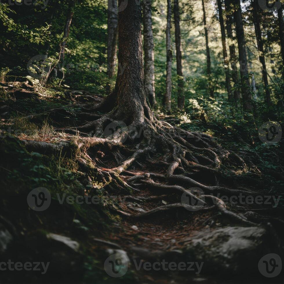 A tree with roots in the woods photo