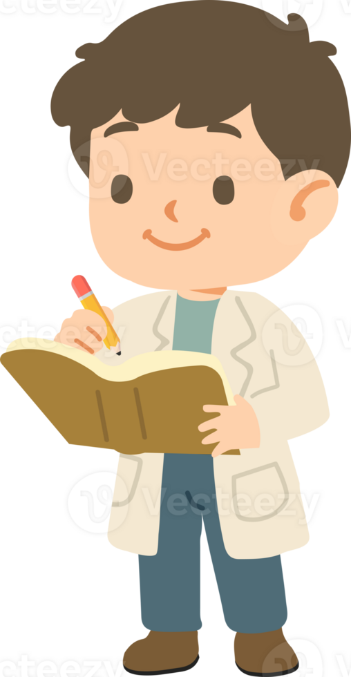 A cartoon boy in a lab coat writing on a book png