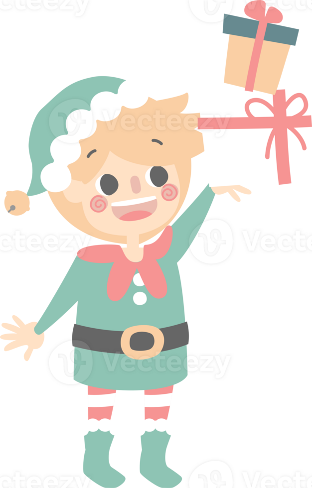 merry christmas and happy new year with cute little elf dwarf and present gift2 png