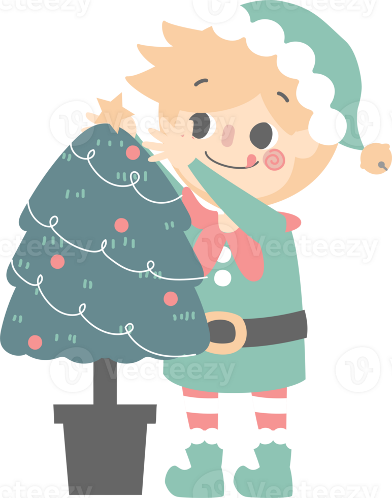 merry christmas and happy new year with cute little elf dwarf and Christmas tree, star png