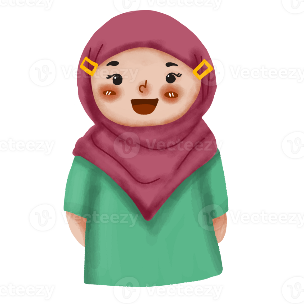 A cartoon girl wearing a green dress and a pink headscarf png