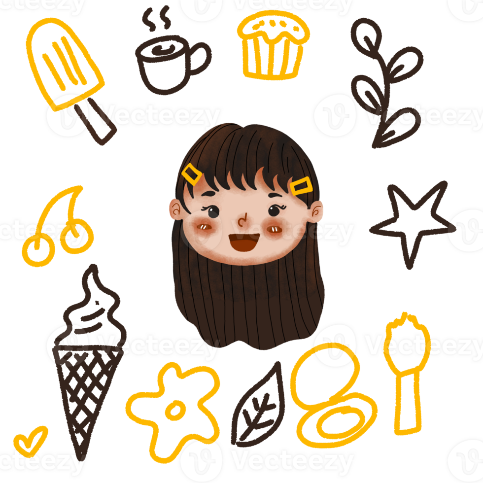 A girl with a black background surrounded by various icons png