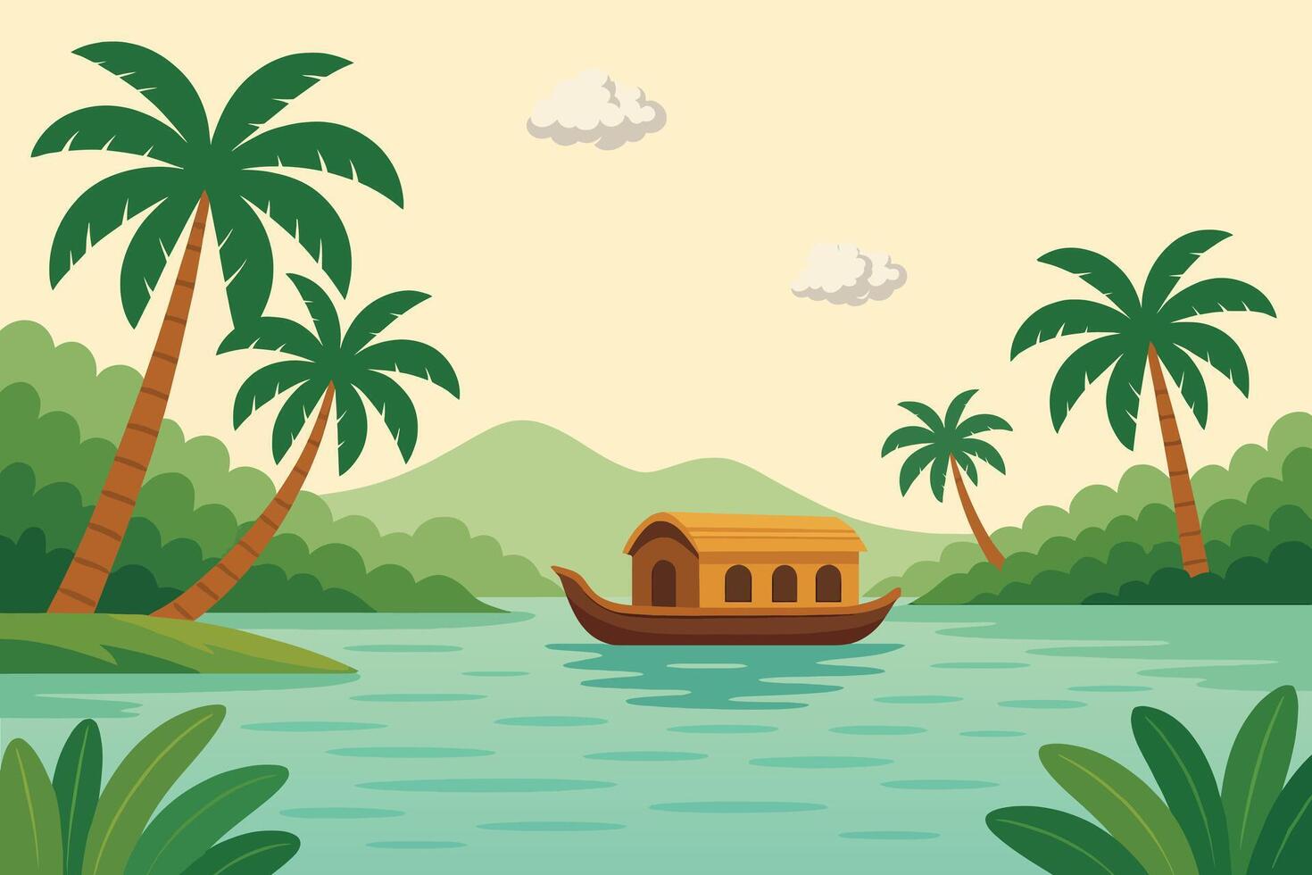 Kerala Backwaters with Houseboat and Palm Trees vector