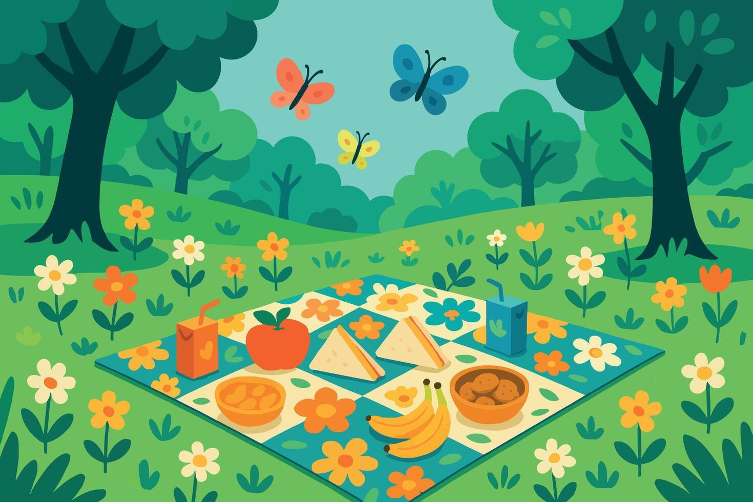 Picnic in the Park with Butterflies and Food vector