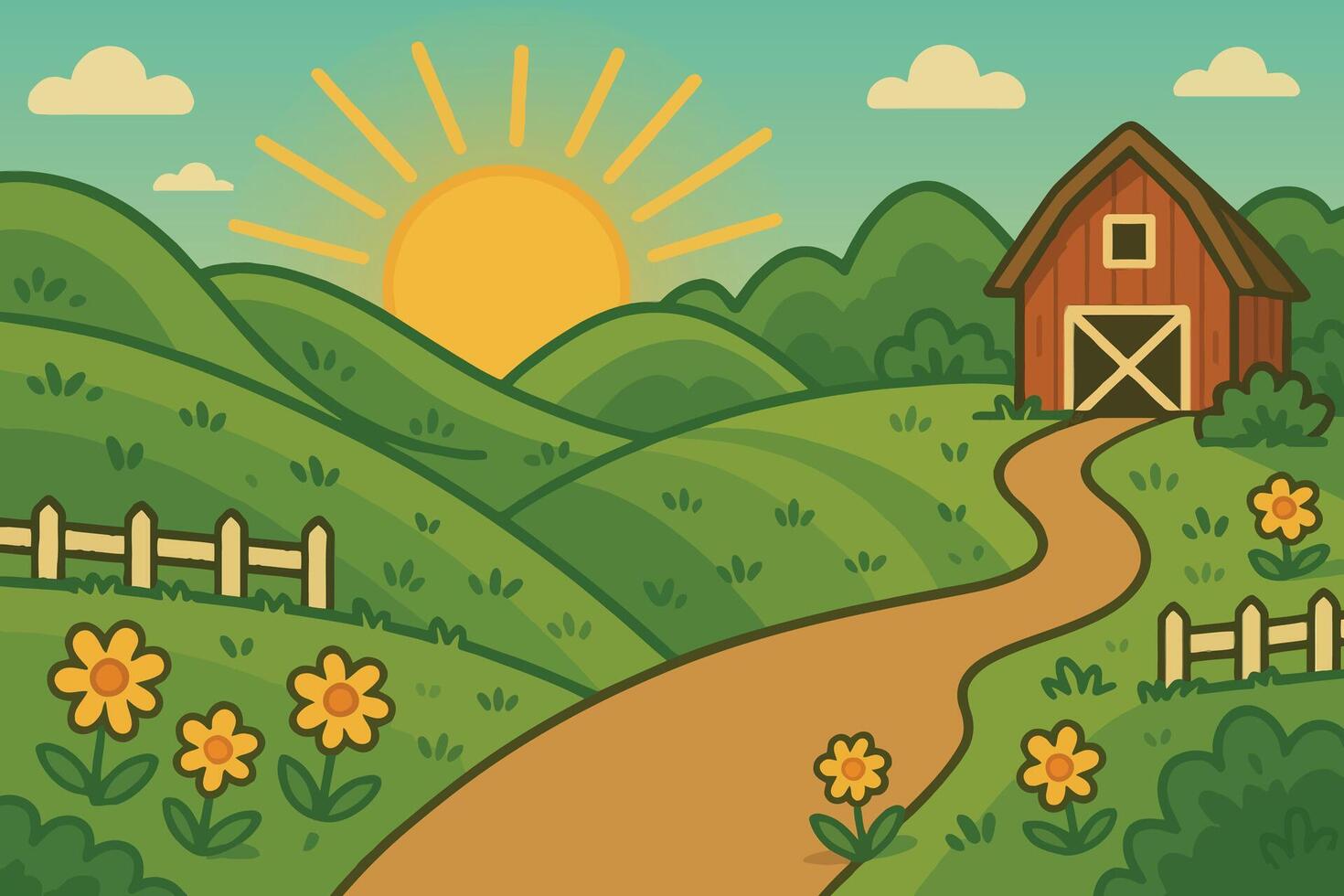 Farm with a red barn and rolling hills vector