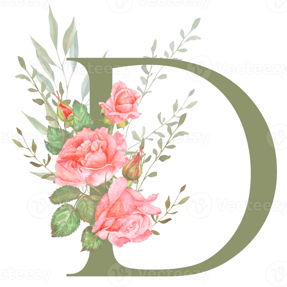Hand painted watercolor floral alphabet - letter D. The letter of the alphabet is olive colored and decorated with watercolor roses. Wedding, birthday, children's party, any creative ideas. png