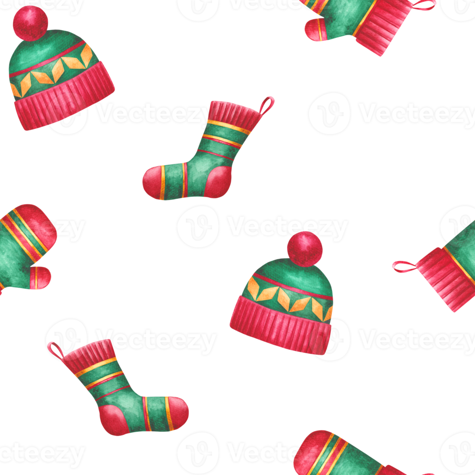 Seamless watercolor pattern with cozy winter accessories socks, mittens, and hats in festive green and red colors. Hand painted holiday design perfect for wrapping paper, textile prints, scrapbookin png
