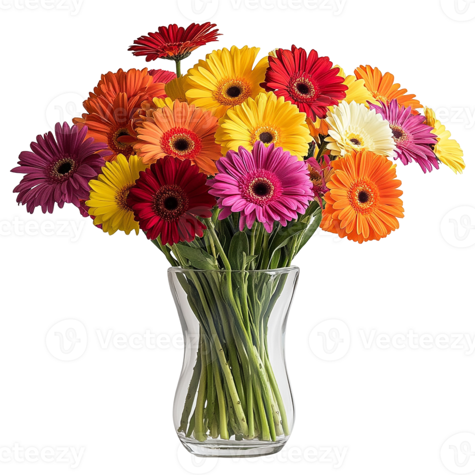 Multicolored Gerbera Daisies in Clear Glass Vase png