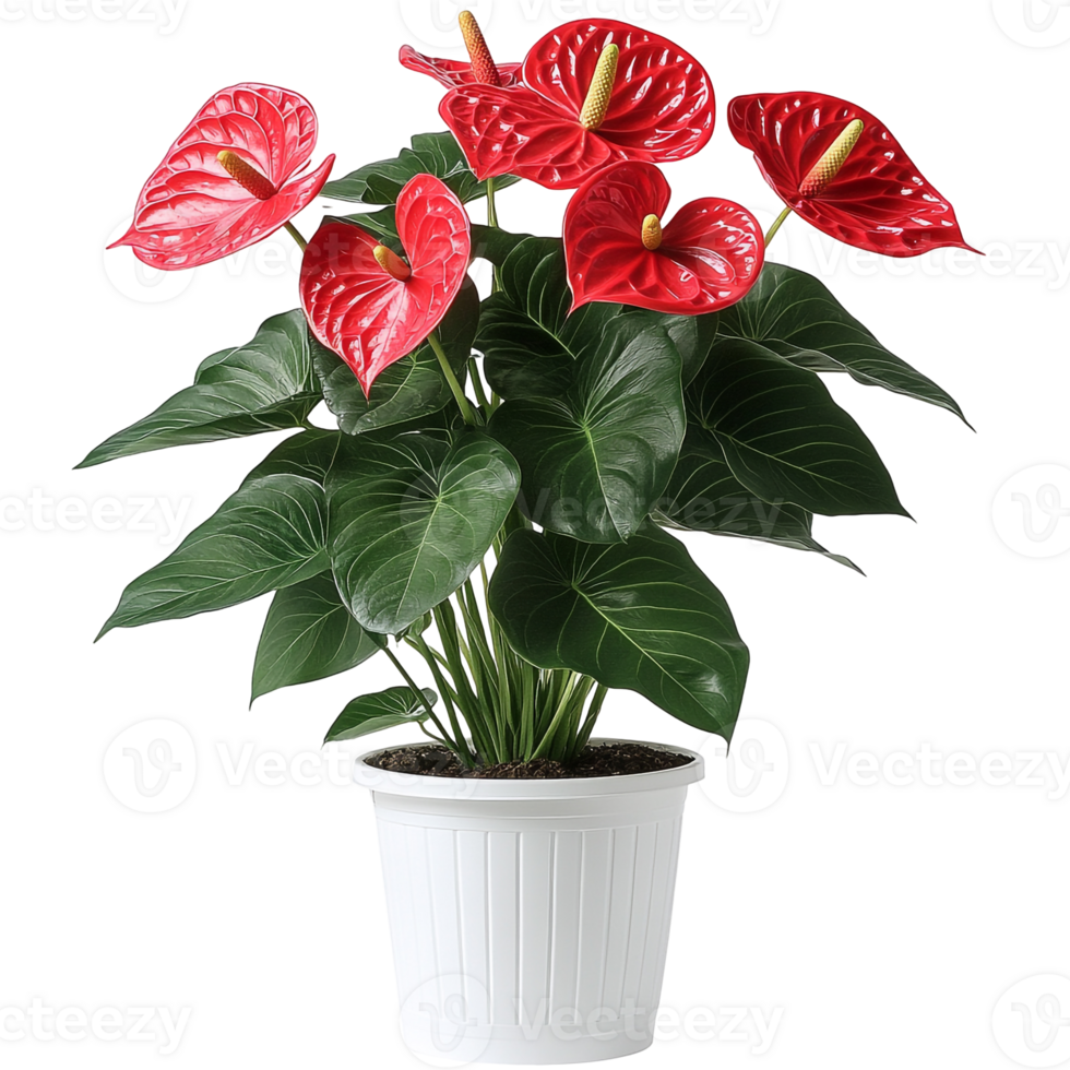 Healthy Red Anthurium Plant with Vibrant Blooms and Wide Green Leaves png