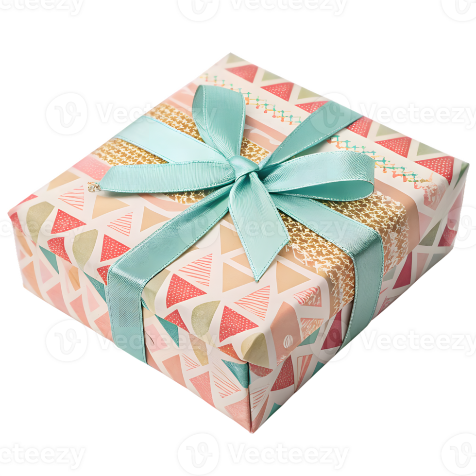 Gift Box Wrapped in Colorful Patterned Paper with Blue Ribbon on Transparent Background png