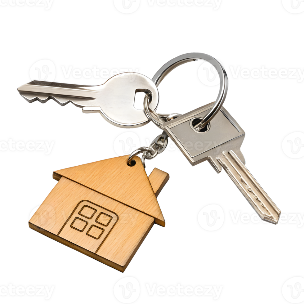 Keys with House Shaped Wooden Keychain on Transparent Background. png