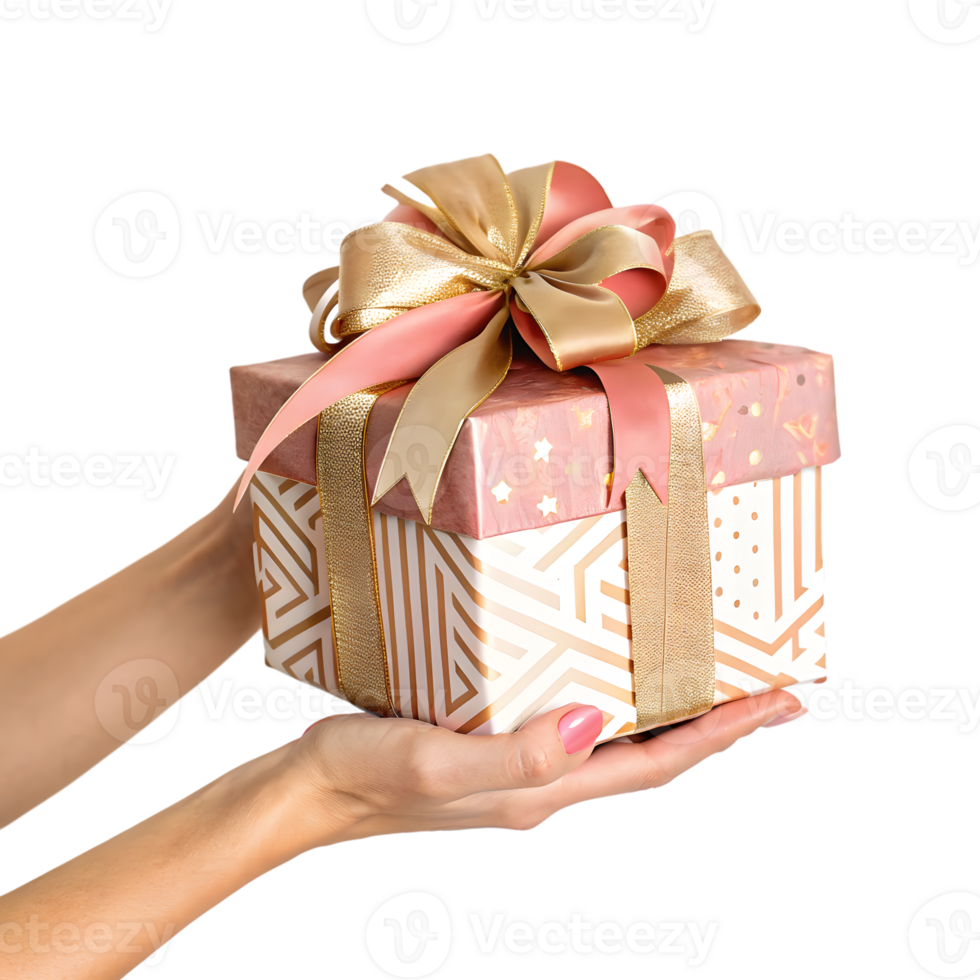 Hands Presenting Elegant Pink and Gold Gift Box on Transparent Background png