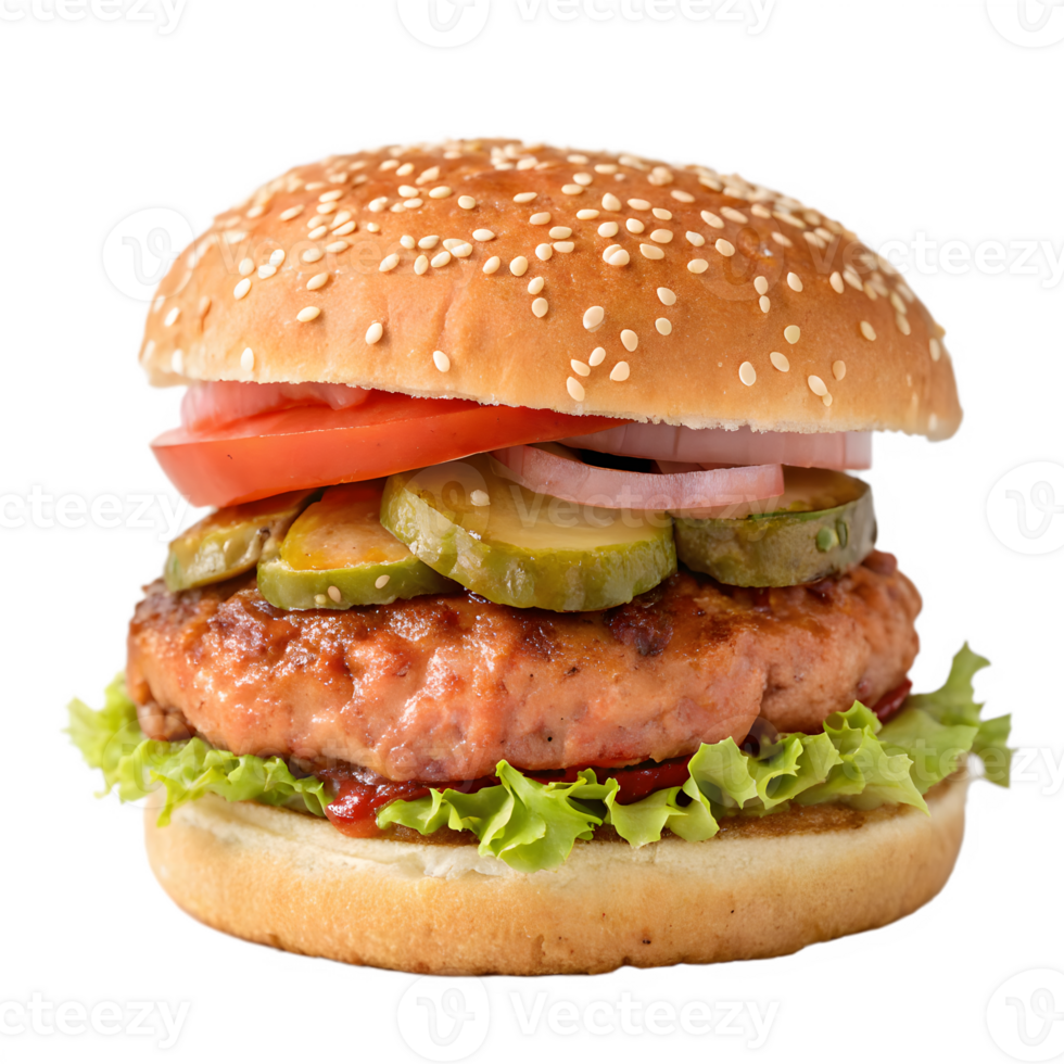Savory Chicken Burger with Fresh Toppings on Transparent Background png