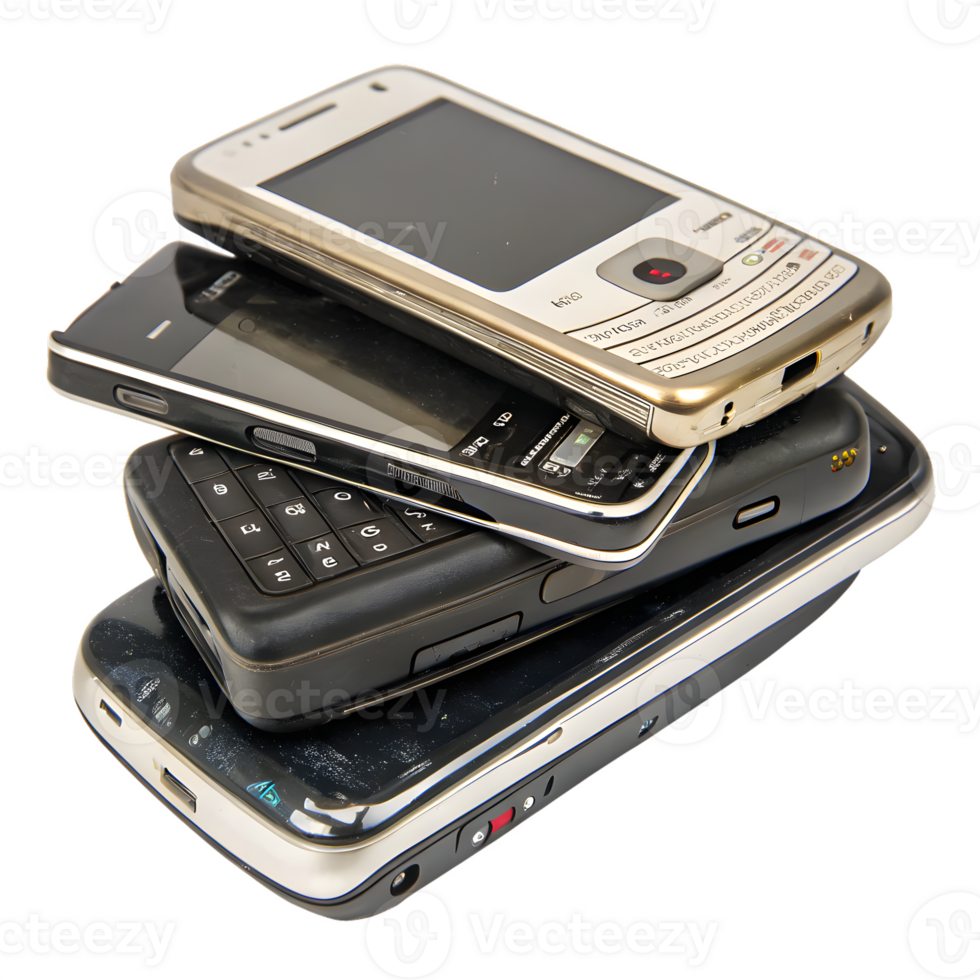 Stack of Used Mobile Phones on Transparent Background png