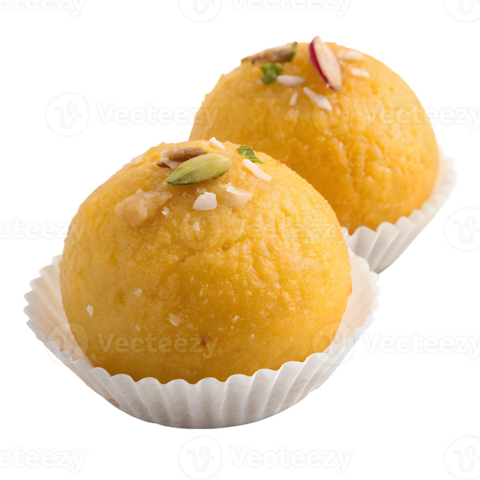 Two Delicious Motichoor Laddoos in Paper Cups on Transparent Background. png