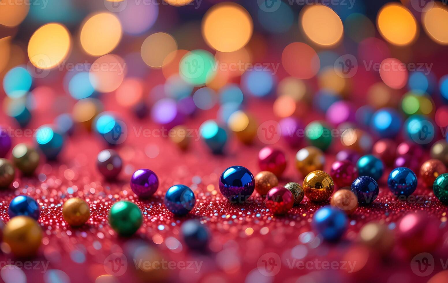 Festive Sparkling Beads on Red with Warm Bokeh Lights photo