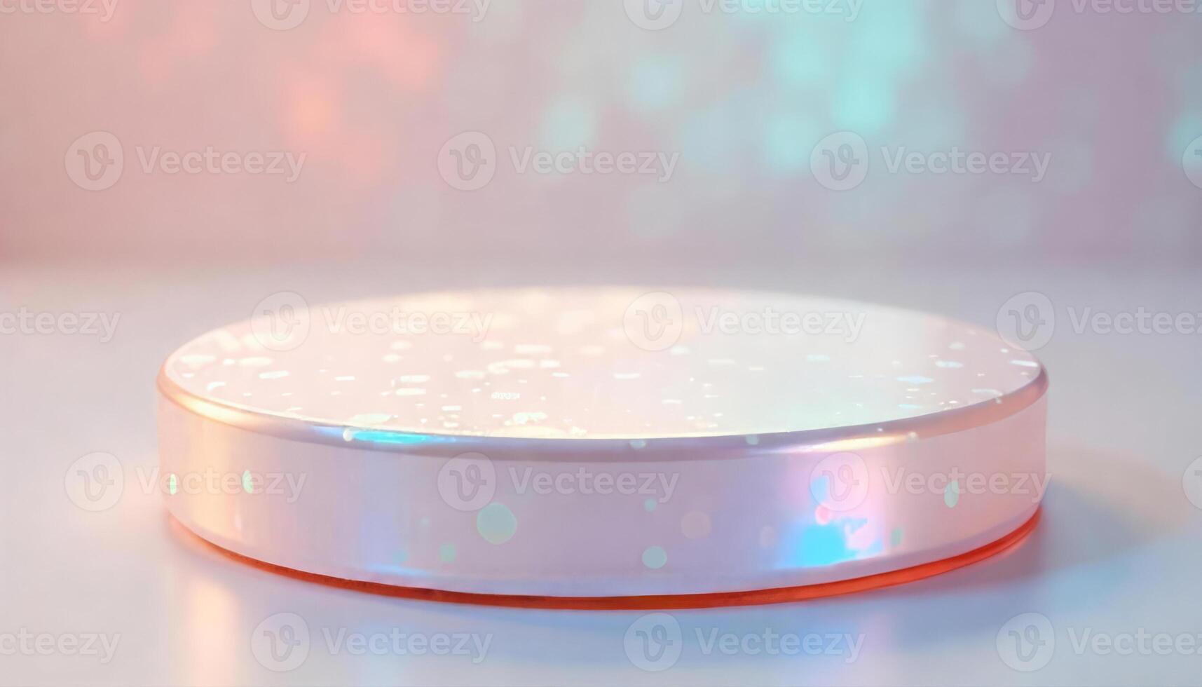 A white iridescent podium with a pink and blue bokeh background, product display, studio shot, soft lighting, clean and minimalist photo