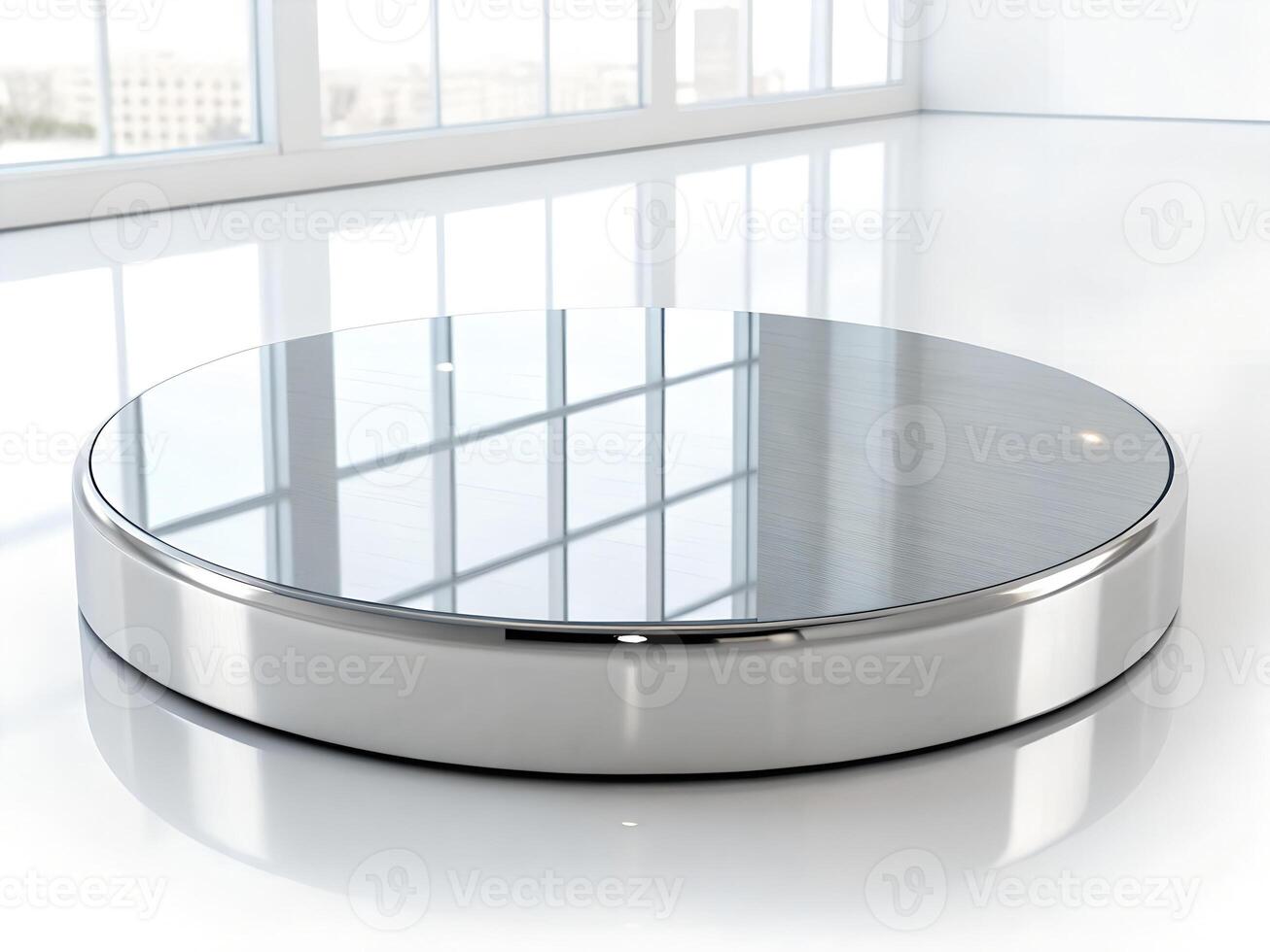 A round white platform with a reflective surface, in a bright white room with large windows, minimalist design, clean and modern photo