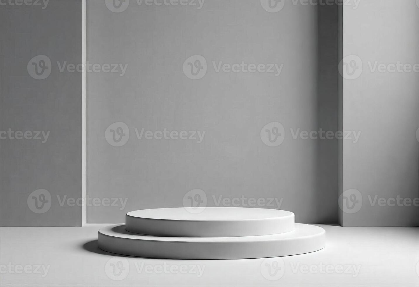 A white two-tiered round podium in front of a gray wall, minimalist design, clean lines, soft lighting, product display, studio setting, modern aesthetic photo