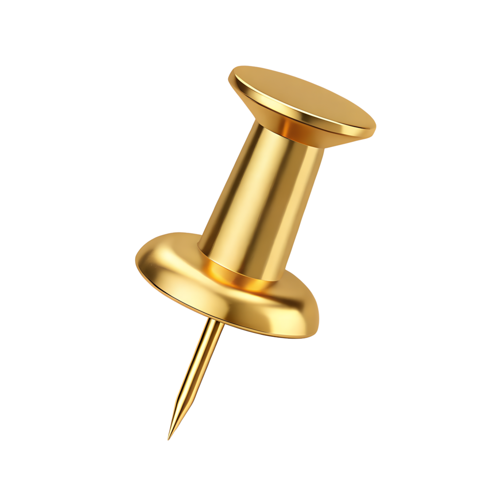 A luxurious golden push pin isolated transparent background perfect for office supplies branding mockup design element png