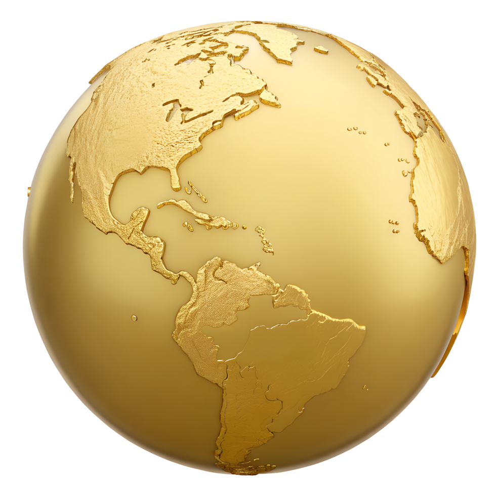 Golden Globe Earth Model Showing Continents and Oceans A Detailed 3D Render of a Luxurious Gold World Map Perfect for Global Business Concepts png