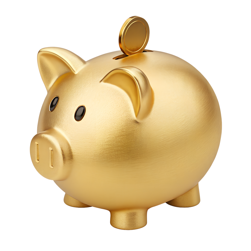 A golden piggy bank with a single gold coin being added Illustrating savings growth financial success wealth accumulation investment concept png