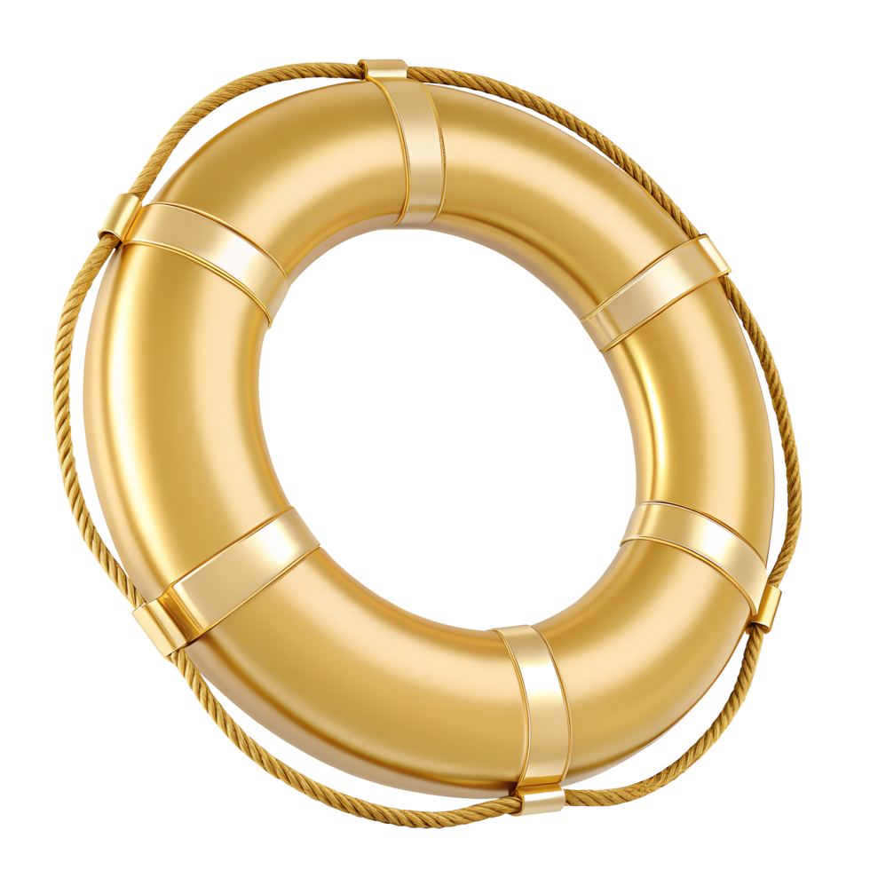 A luxurious golden life preserver ring with rope detail A symbol of safety security and rescue perfect for insurance or financial concepts png