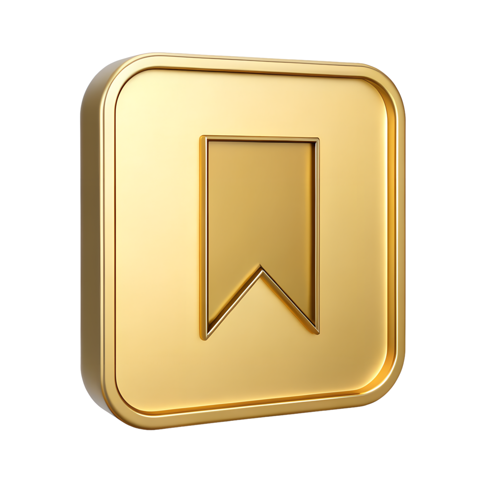 Gold Bookmark Icon on Square Button 3D Render Premium Gold Bookmark Symbol for Website or App Design Luxury Bookmark Button for Social Media png