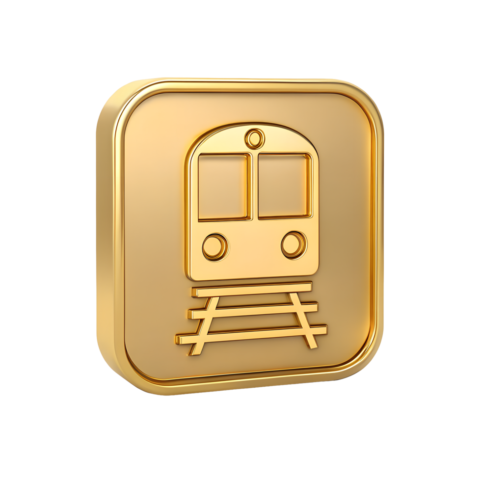 Golden Train Icon on Square Plate Transportation Symbol for App Design Website Interface Gold Luxury Premium 3D Render png