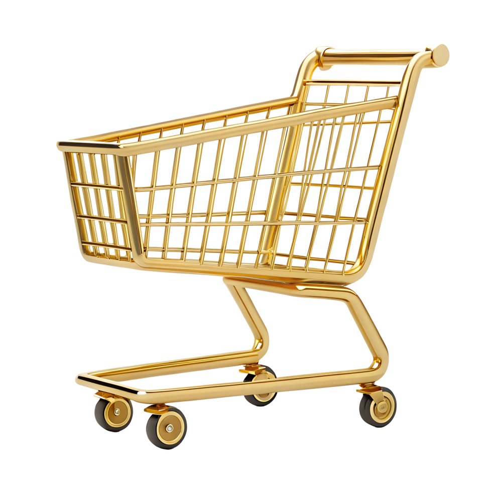 A luxurious gold shopping cart isolated transparent background this 3d rendered image is perfect for representing concepts of wealth luxury shopping retail and e commerce png